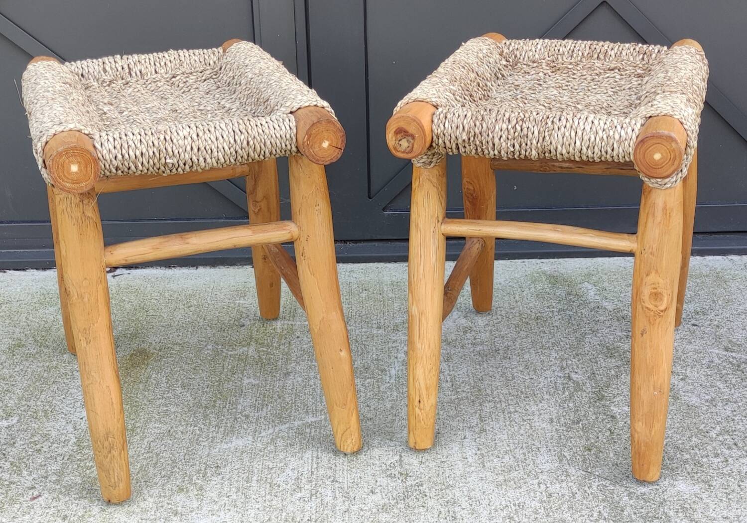 Pair of brutalist seagrass stools/20th century design/sofa end