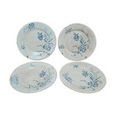 Set of 4 antique dessert plates in ironstone, blue carnation decoration.