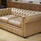 Beige leather Chesterfield sofa handmade in England.
