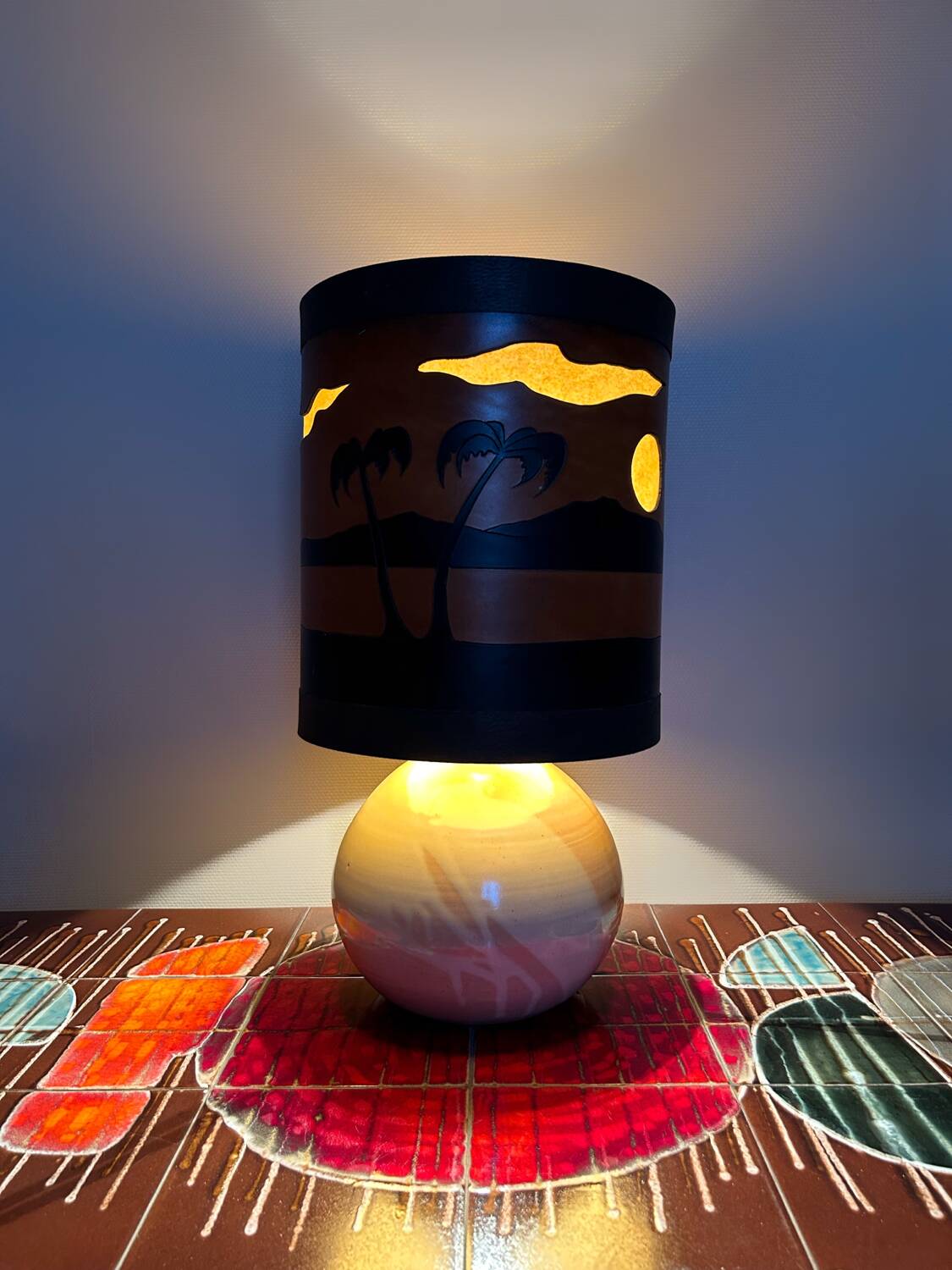 Original vintage ceramic and leather lamp