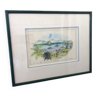 Peinture aquarelle nadine martinique les trois îlots + cadre bois  #a223