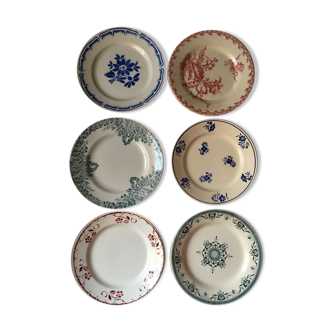 Ensemble six assiettes plates dépareillées en vert, rouge  et bleu