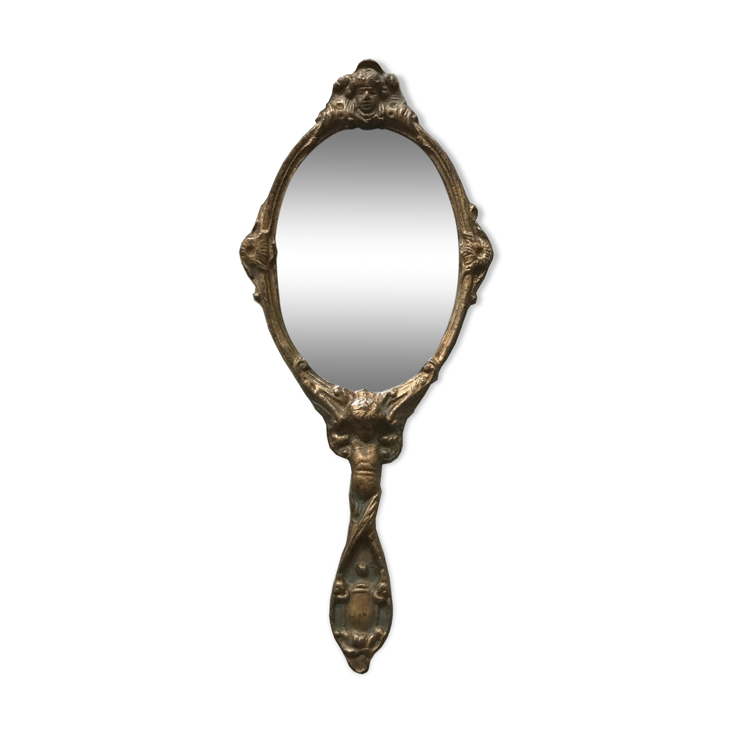 Face à main miroir ancien bronze 12x29cm
