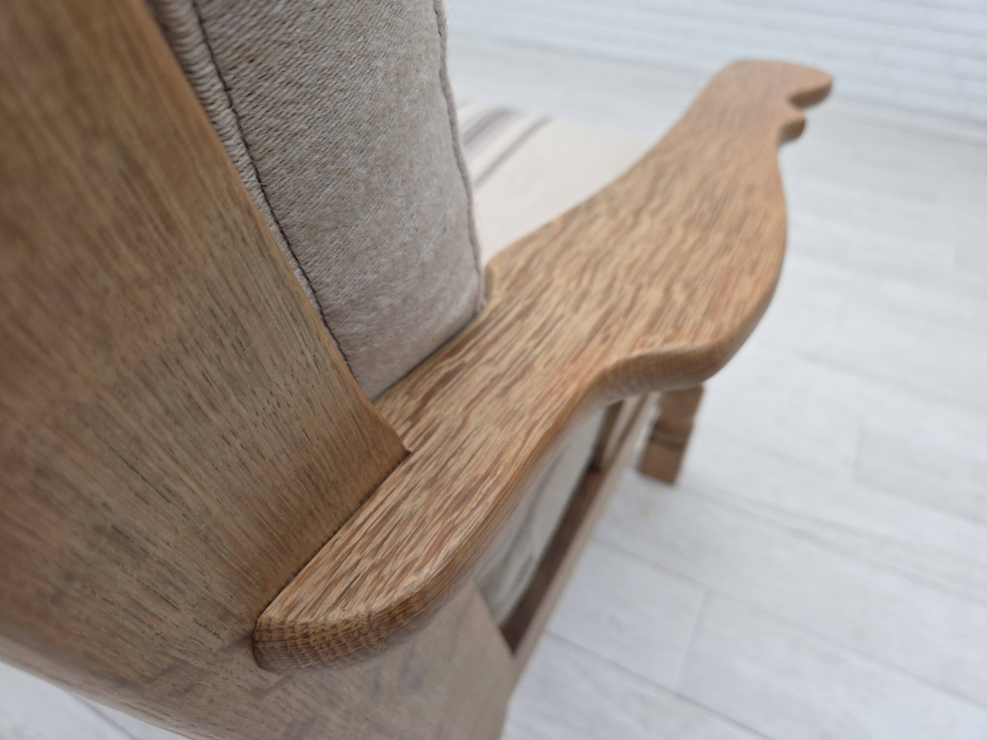 1970s, Danish 3-seater sofa, beige furniture wool, solid oak wood.