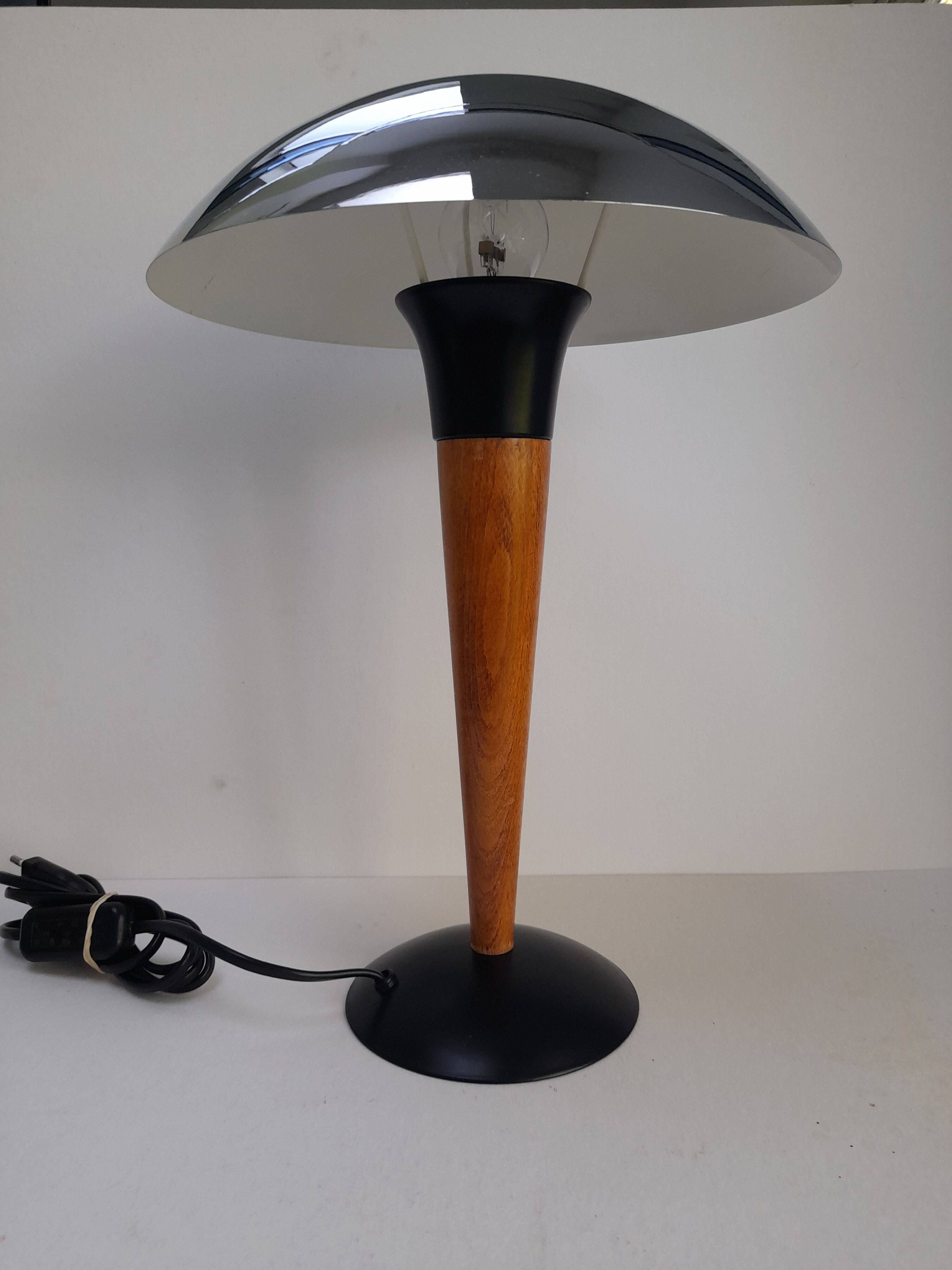 Lampe à poser champignon chrome et bois