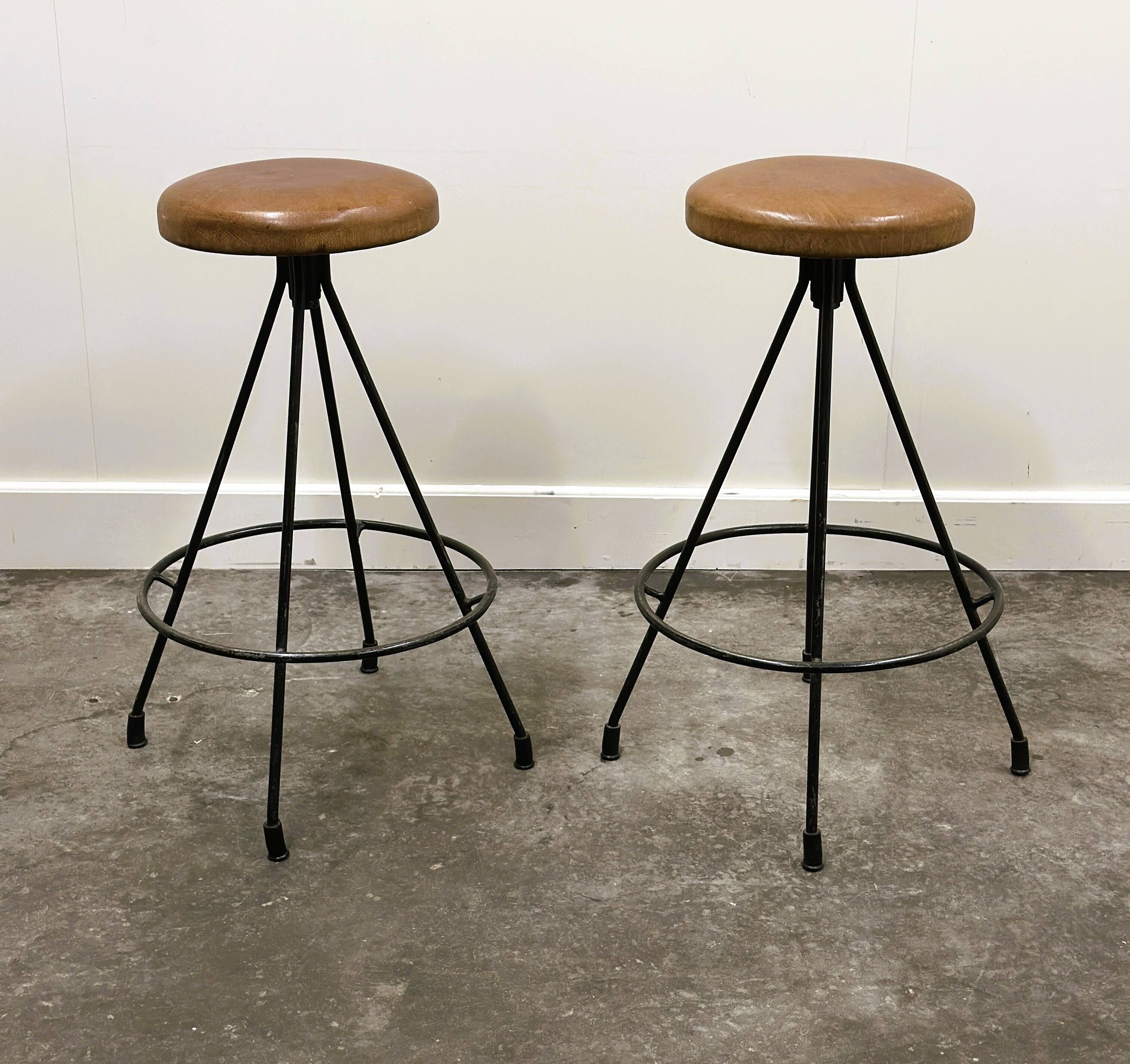 Pair of Industrial Vintage Metal Frame Bar Stools, France 1970s.