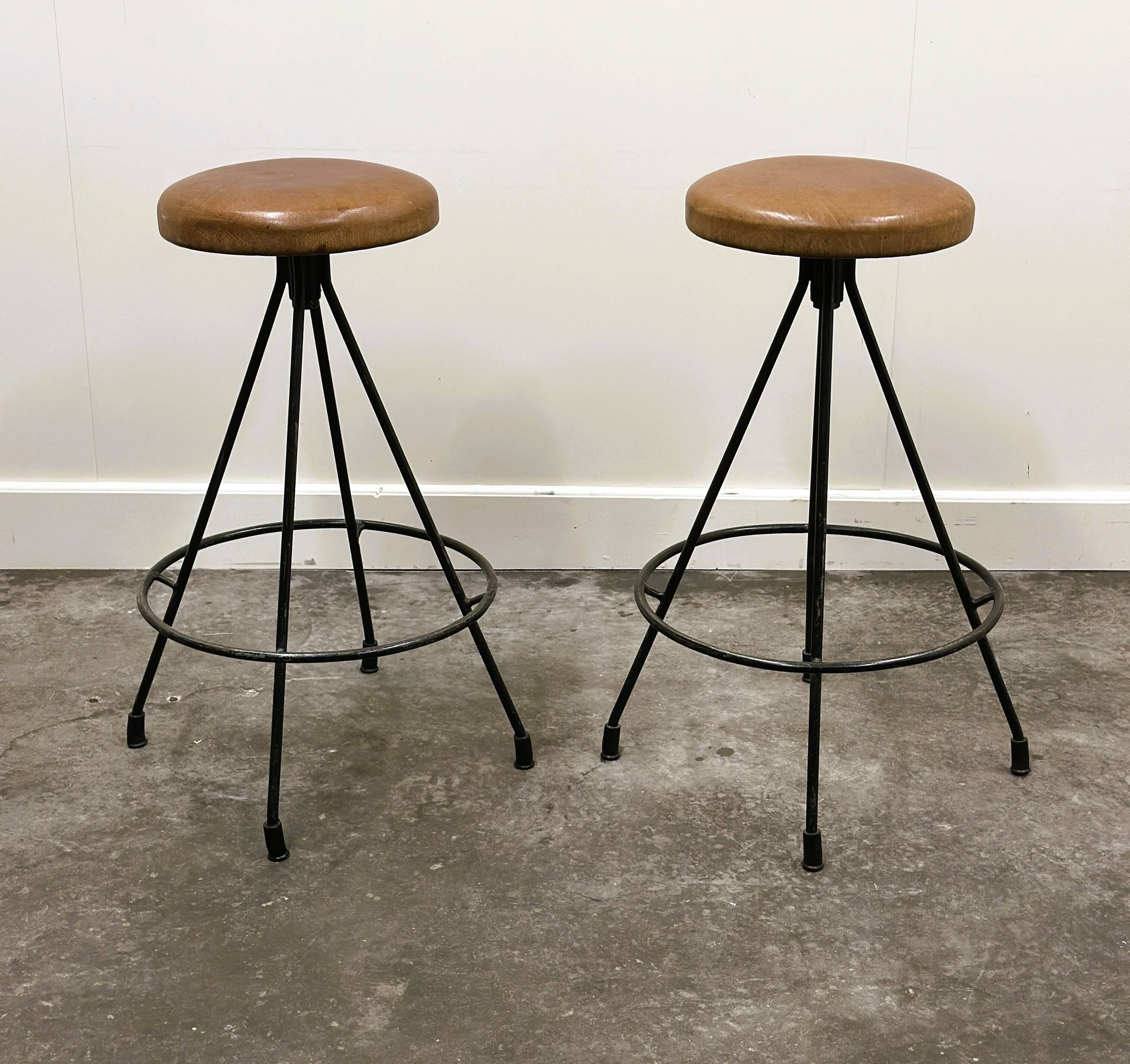 Pair of Industrial Vintage Metal Frame Bar Stools, France 1970s.