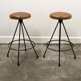 Pair of Industrial Vintage Metal Frame Bar Stools, France 1970s.