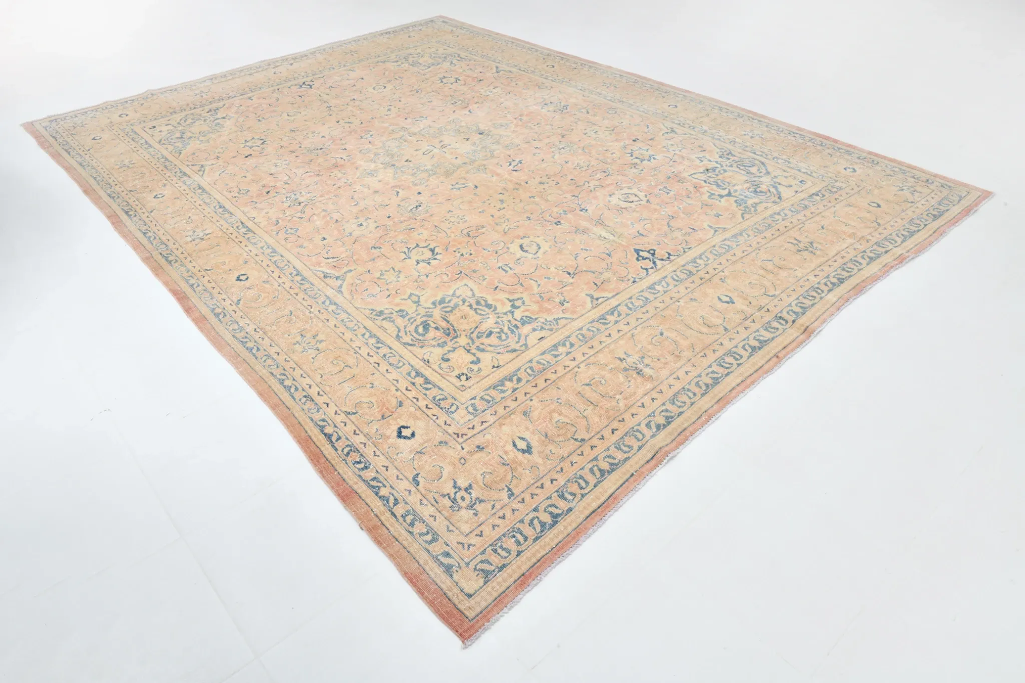 Peach Pink Large Persian Rug, Floral Bordered Vintage Carpet, 292x387Cm