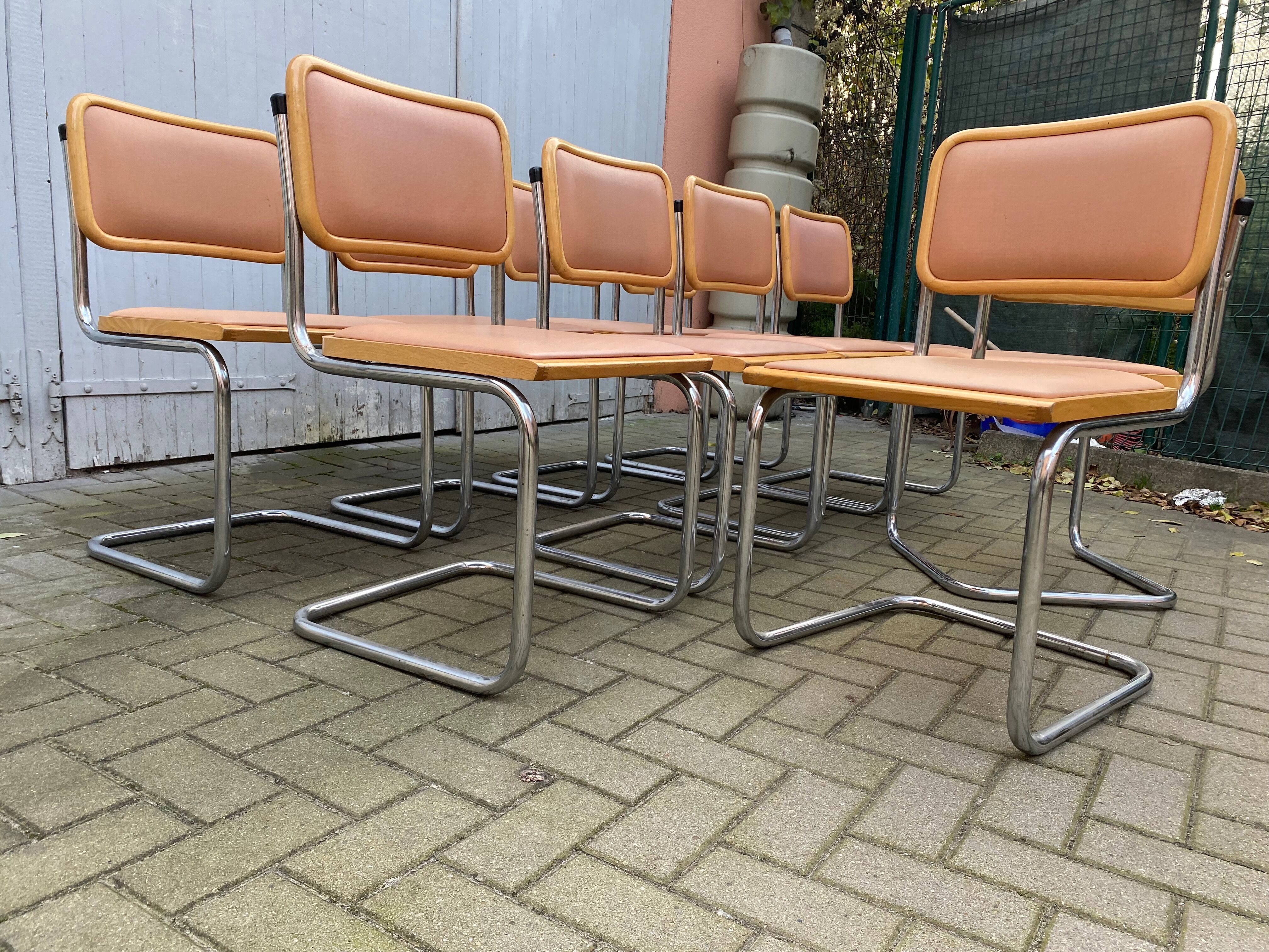 Set of 10 vintage chairs Marcel Breuer cesca b32 wood and skaï 1960