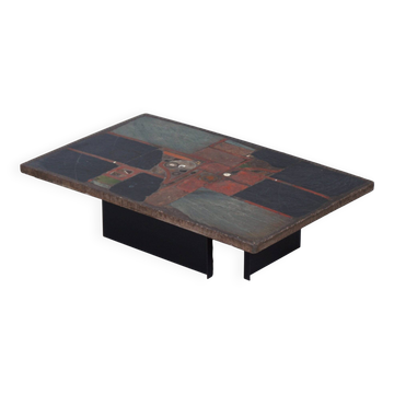 Rectangular brutalist coffee table by Paul Kingma with nautilus shell, 1978