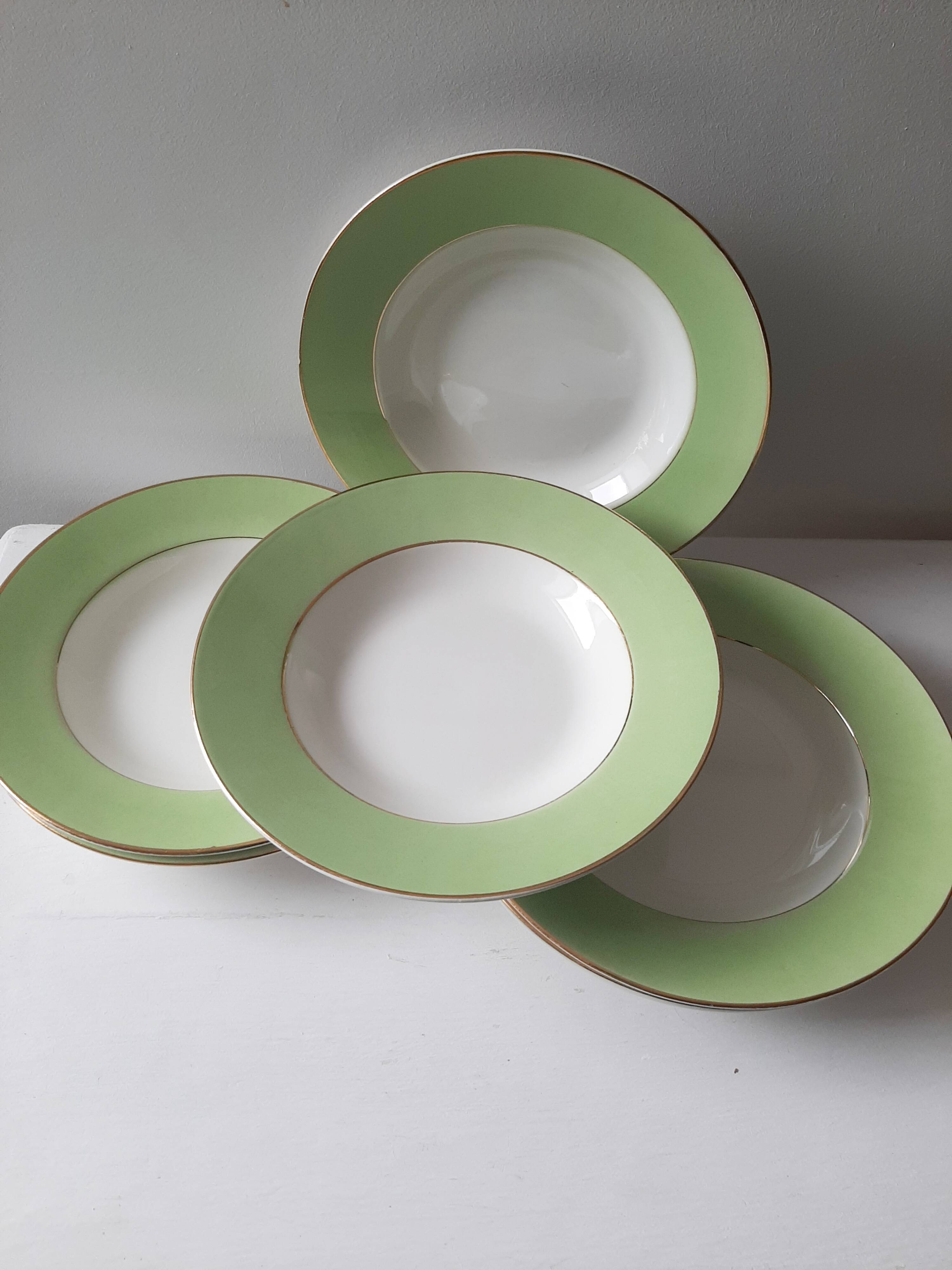 Vintage white and green deep plates stamped Arcachon.