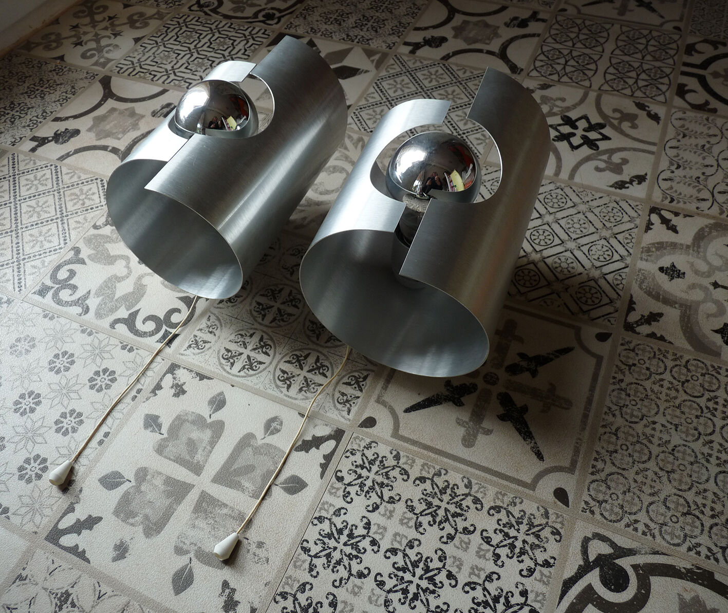 Pair of "roll" or ufo vintage brushed metal wall / 1960
