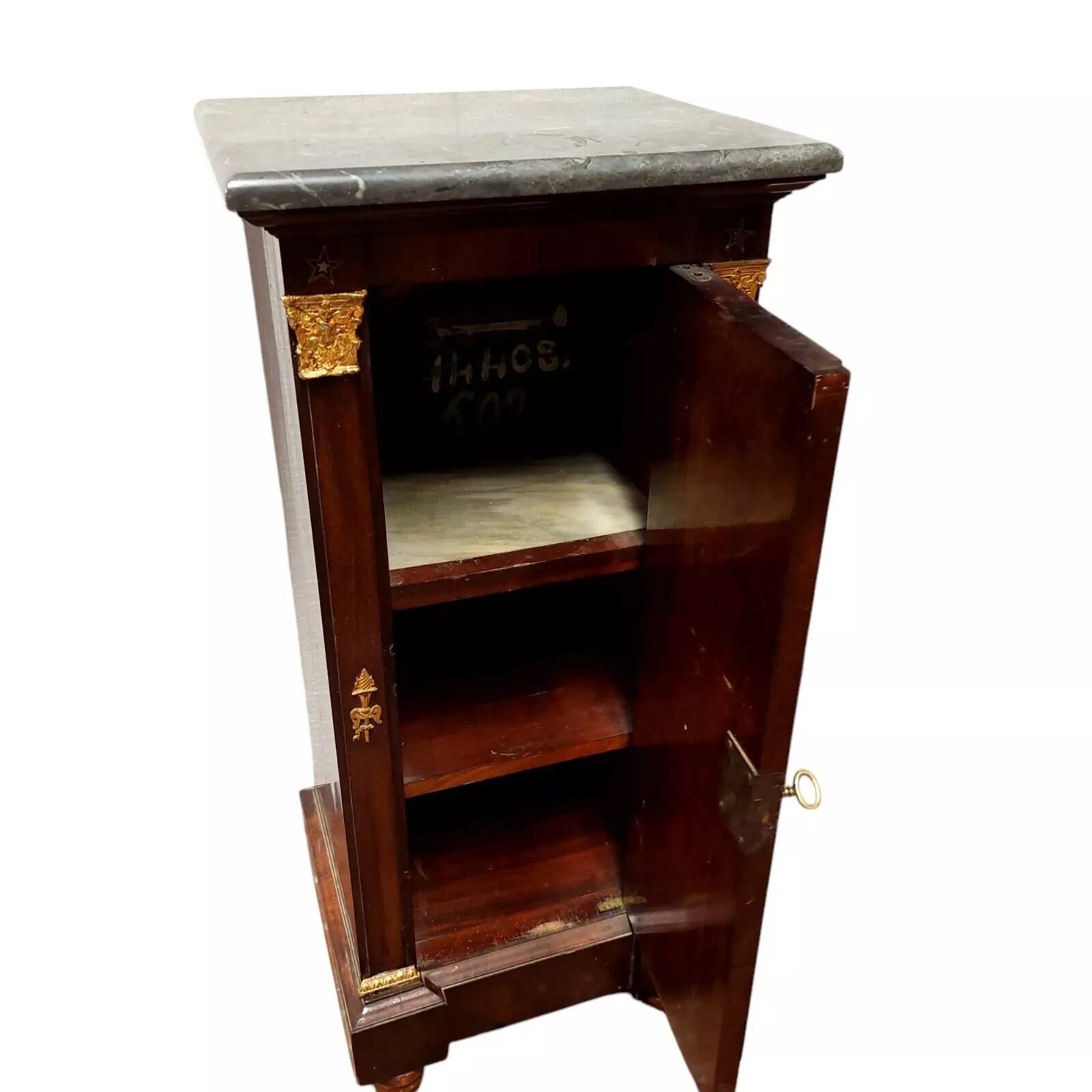 Antique bedside table - napoleon iii column mahogany marble 19th century