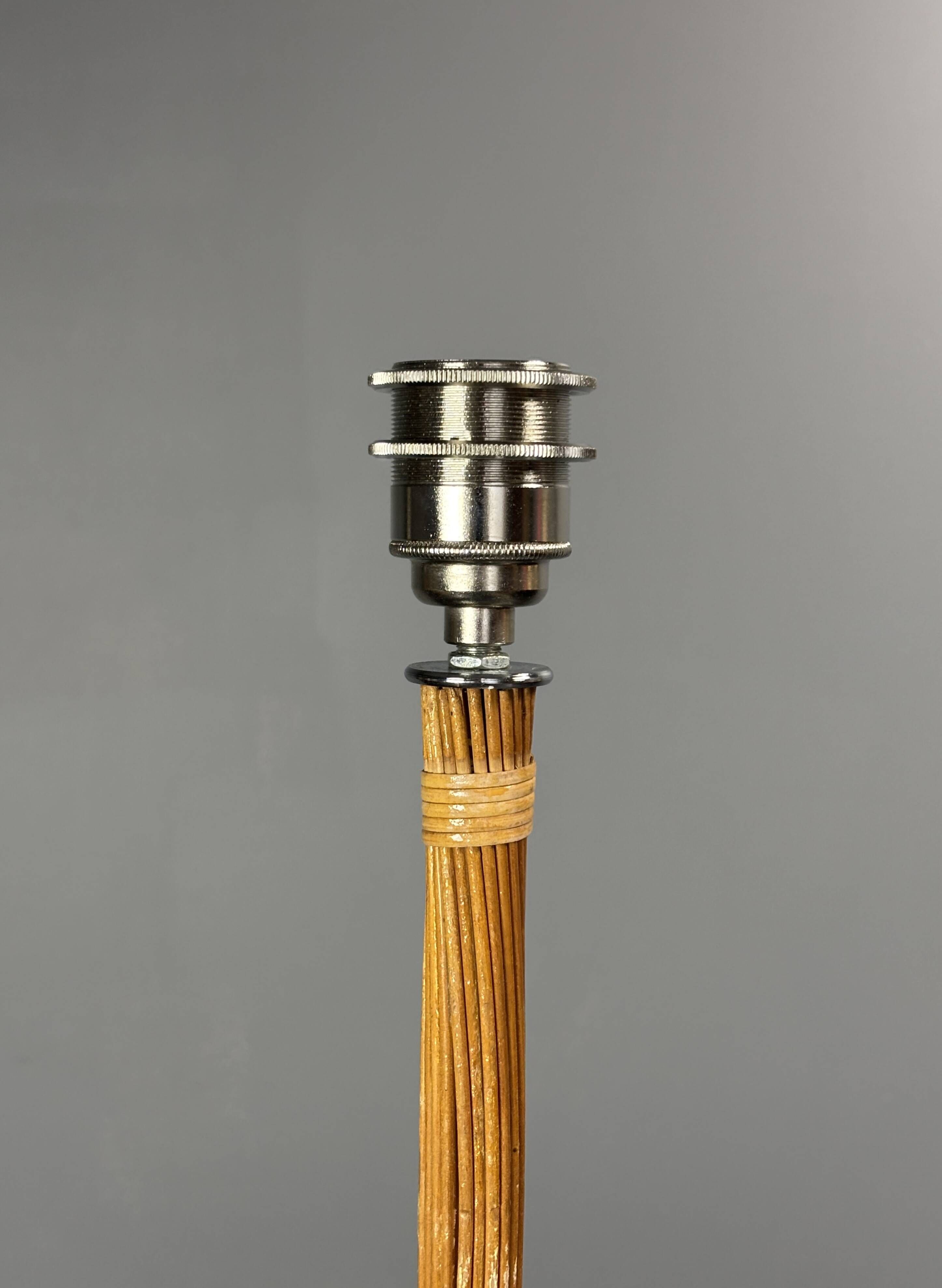 Set of 2 pencil reed rattan bamboo and chrome table lamps, 1980s