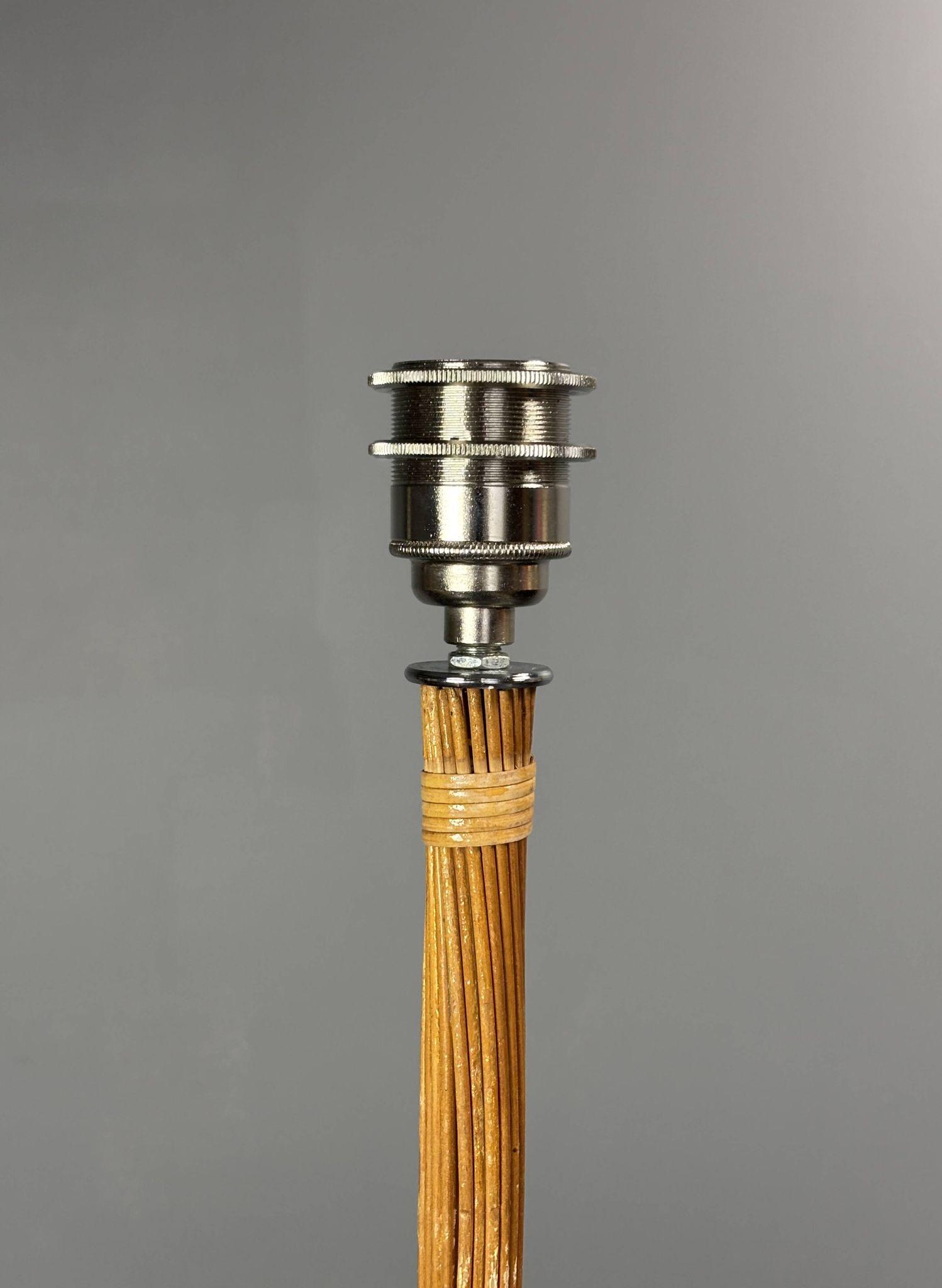 Set of 2 pencil reed rattan bamboo and chrome table lamps, 1980s
