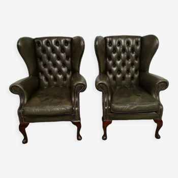 Bergères armchairs chesterfield green leather