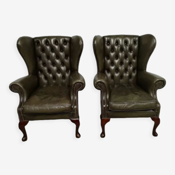 Fauteuils bergères chesterfield cuir vert