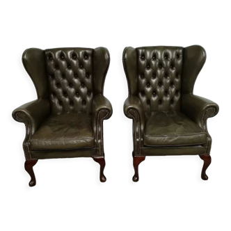 Bergères armchairs chesterfield green leather