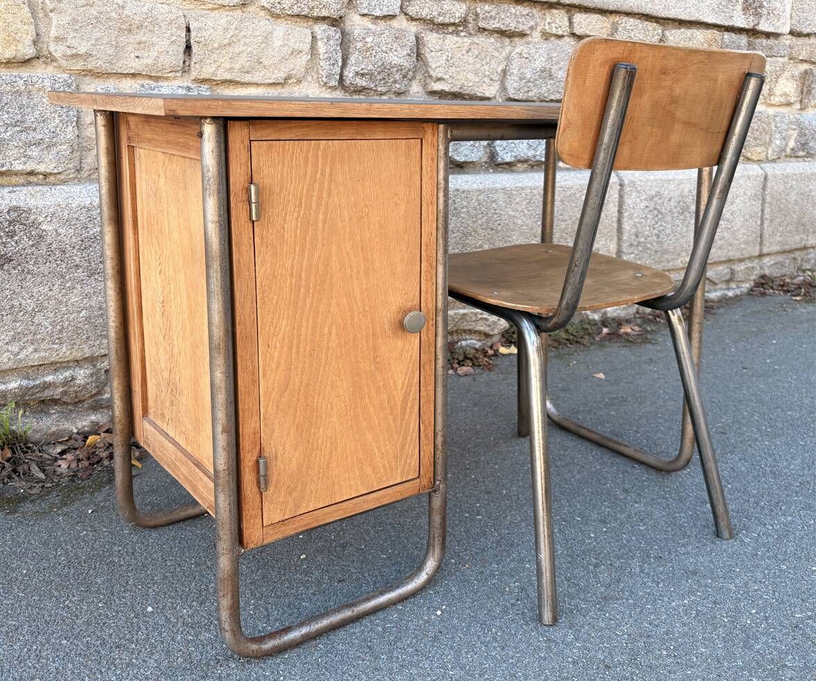Vintage children's desk and its chair, Hitier spirit, 1950s modernist.