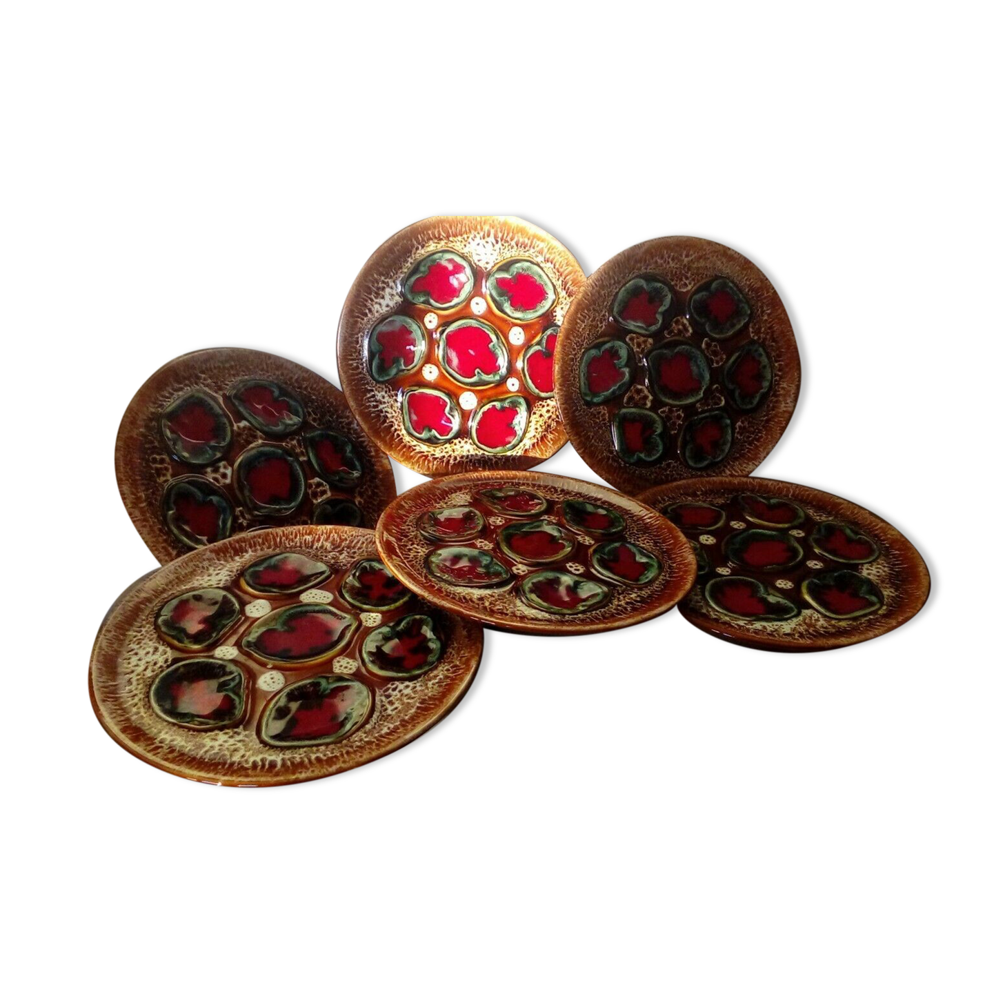 6 oyster plates in sarreguemines or vintage vallauris slurry