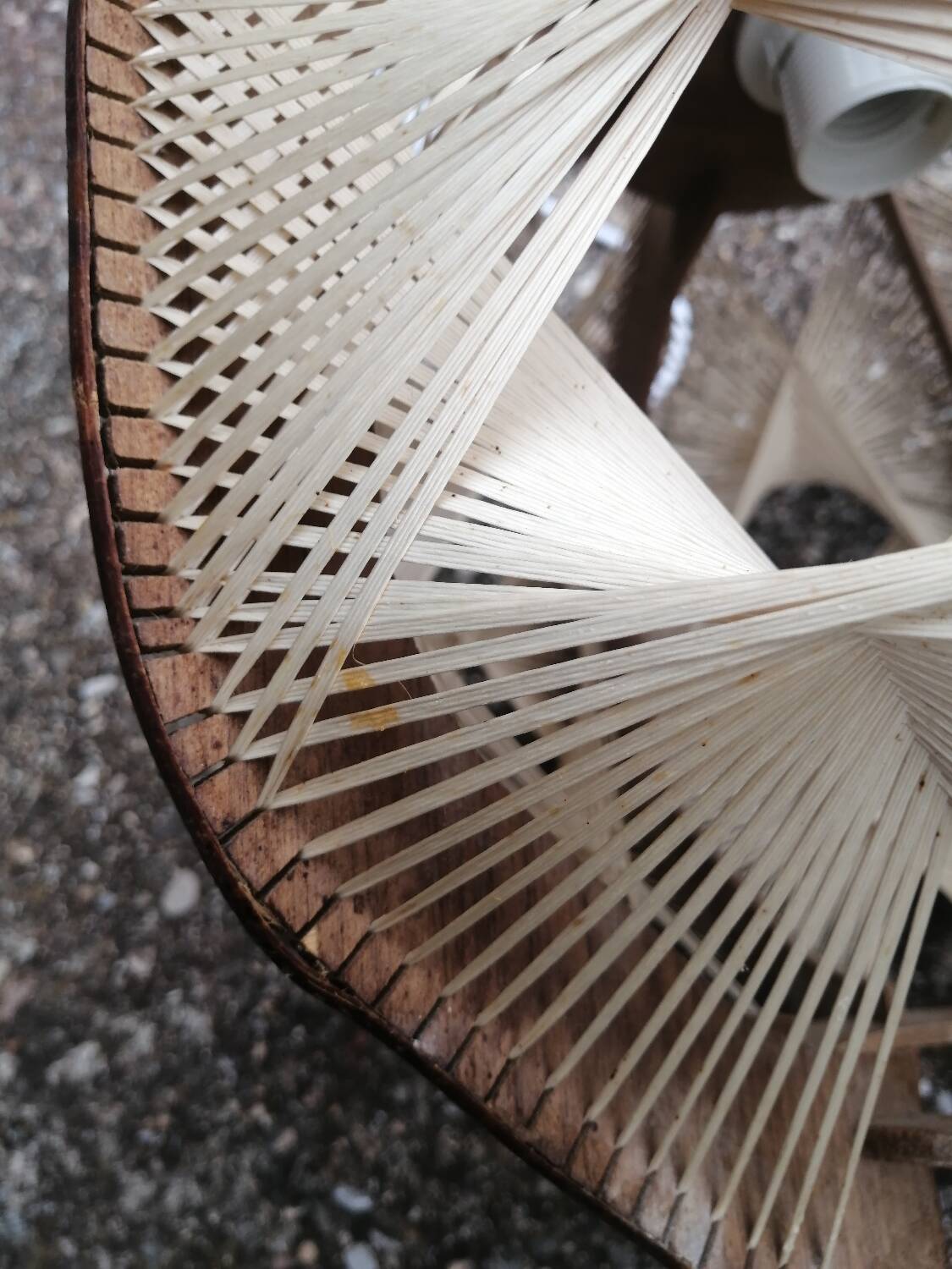 Pair of vintage wooden and rattan straw pendant lights.