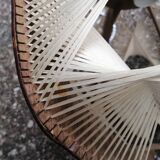 Pair of vintage wooden and rattan straw pendant lights.