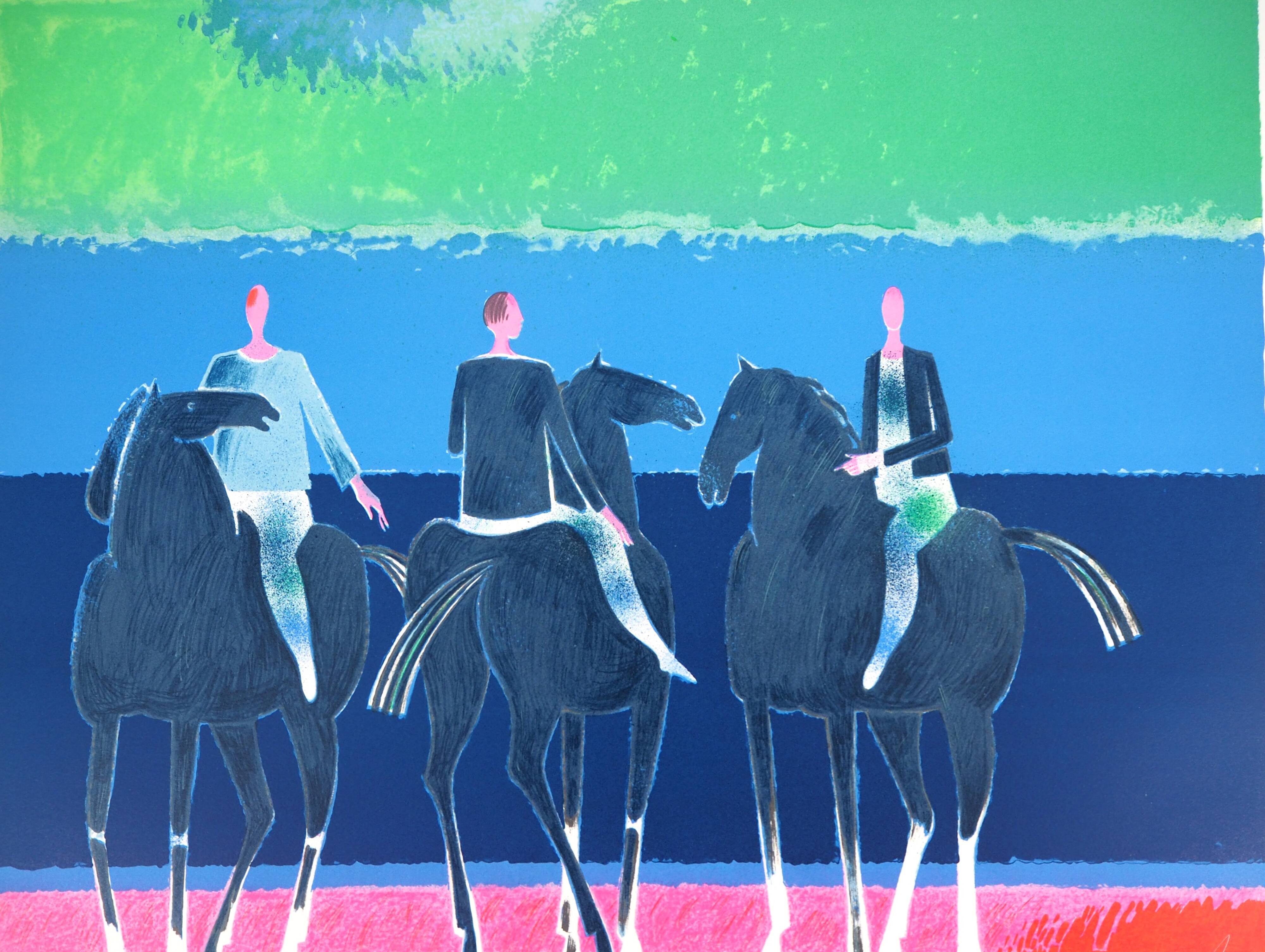 Albert zavaro :  le trio de cavaliers - lithographie originale signée