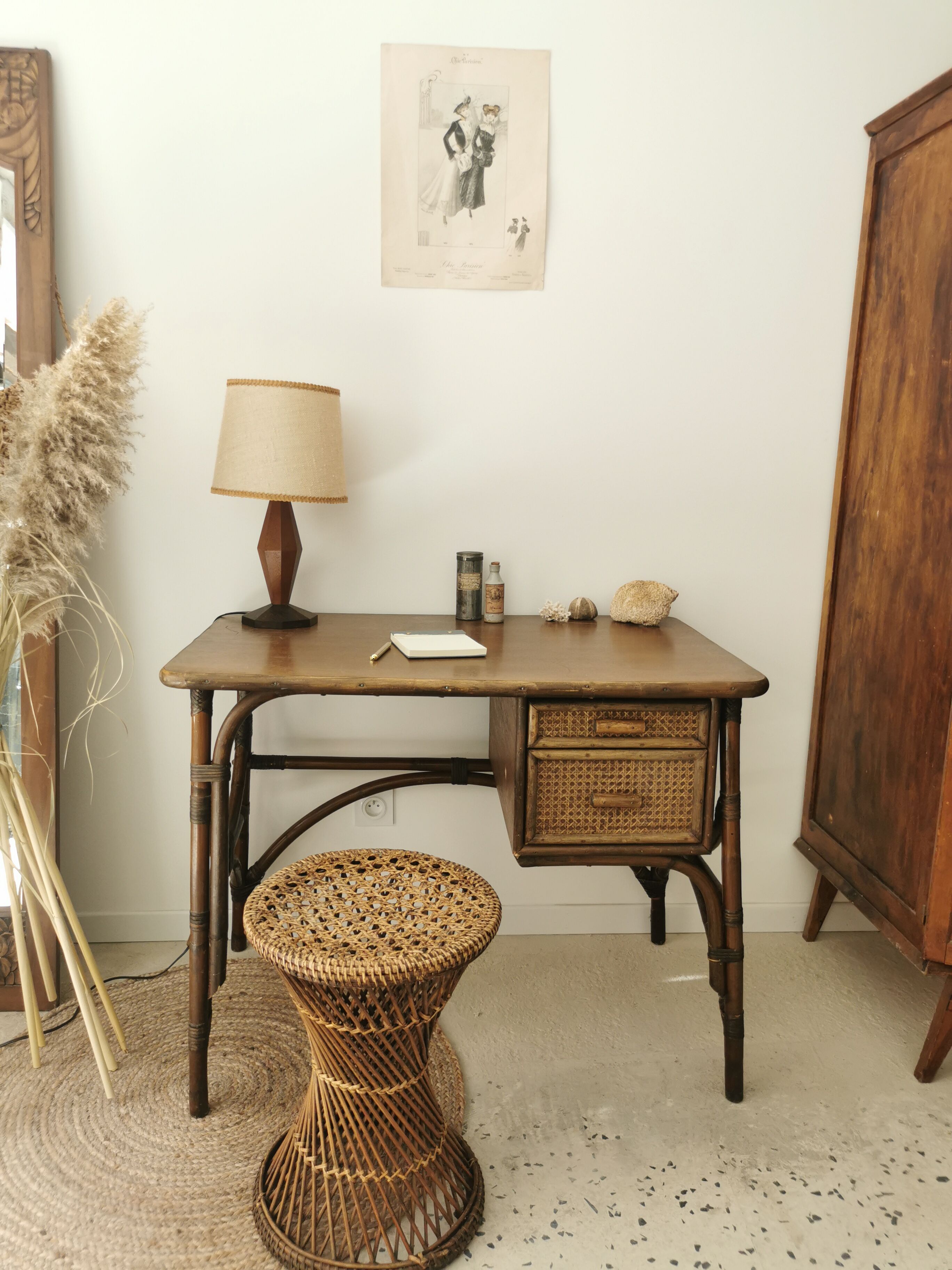 Rattan desk and vintage canning
