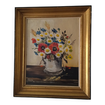 Nature morte vintage bouquet champêtre signée J Dubois avec cadre doré