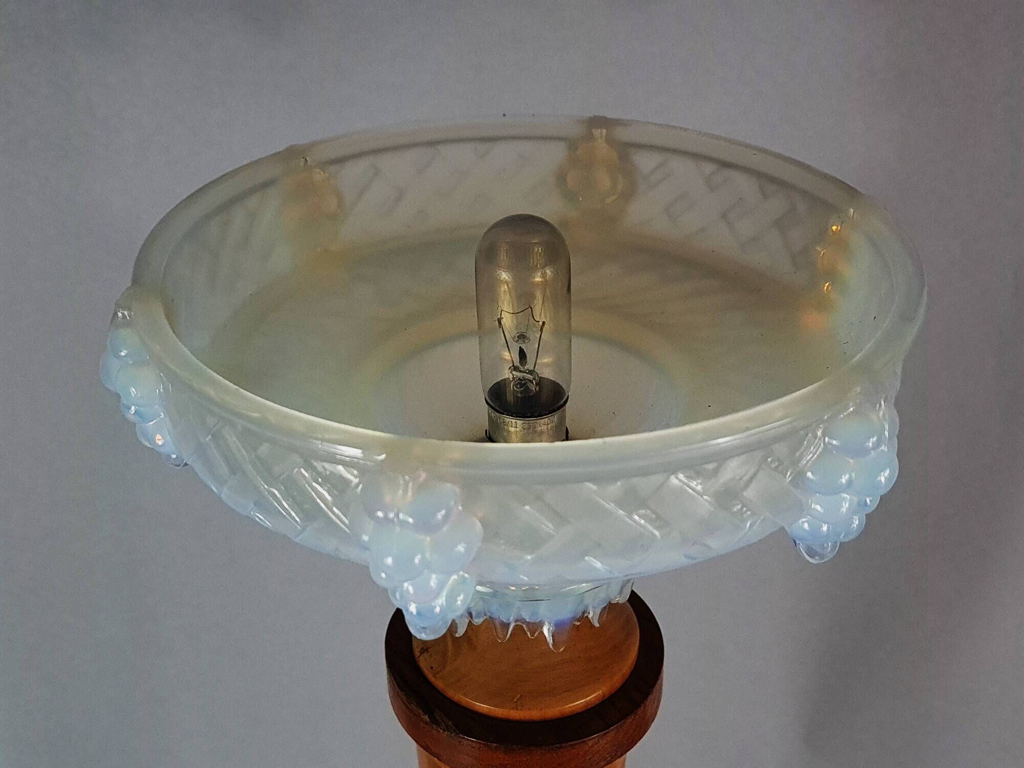 Antique opalescent glass and wood lamp, attributed to Ezan, 61 cm, C786