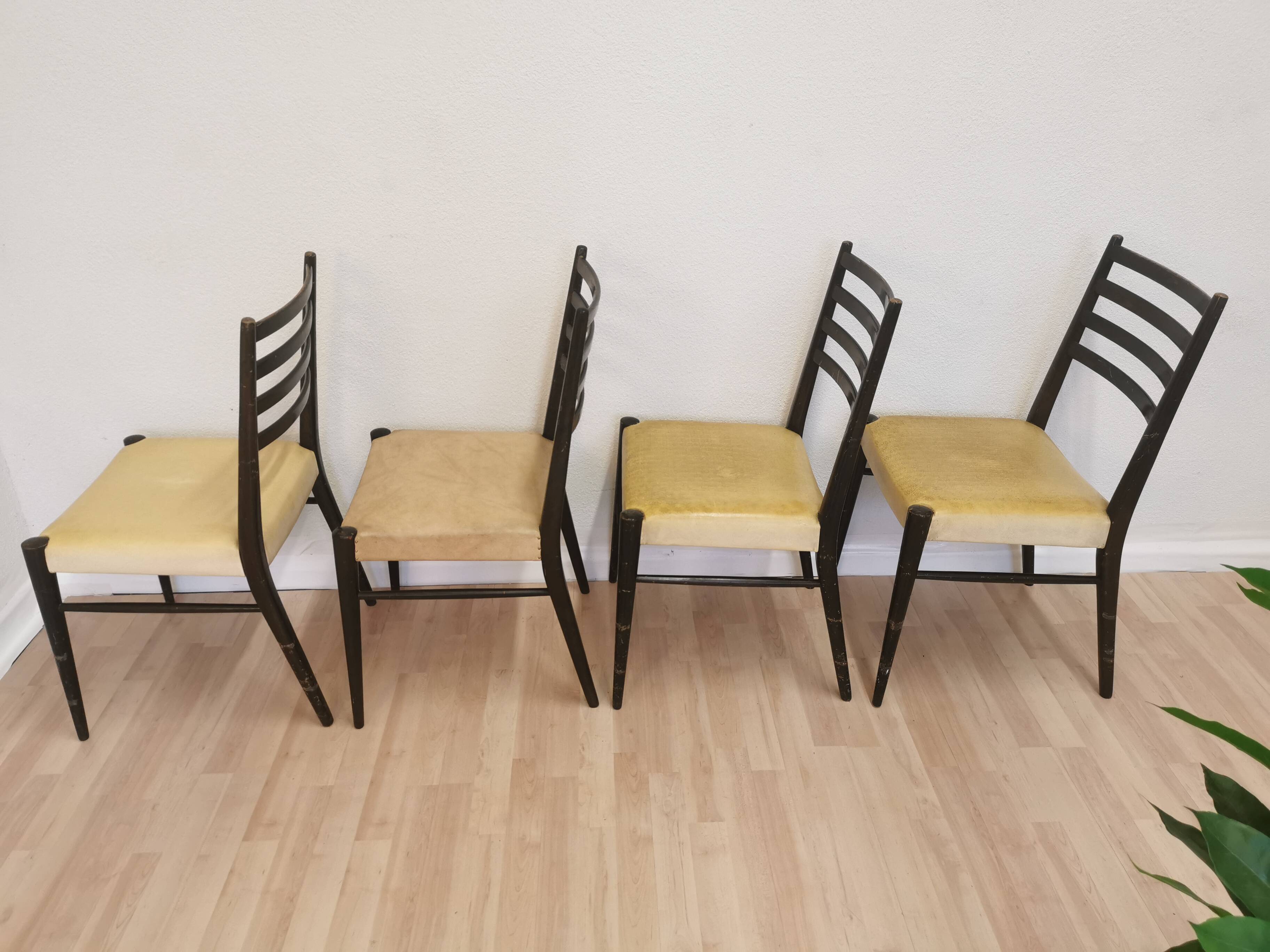 Set of 4 Vintage Wooden Dining Chairs: Beige Faux Leather, Mid-Century Retro