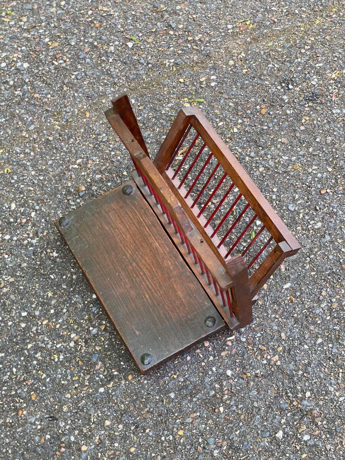 Vintage magazine rack, foldable wooden document holder.