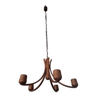 Danish variable height teak chandelier with 5 arms by Domus, 1970s