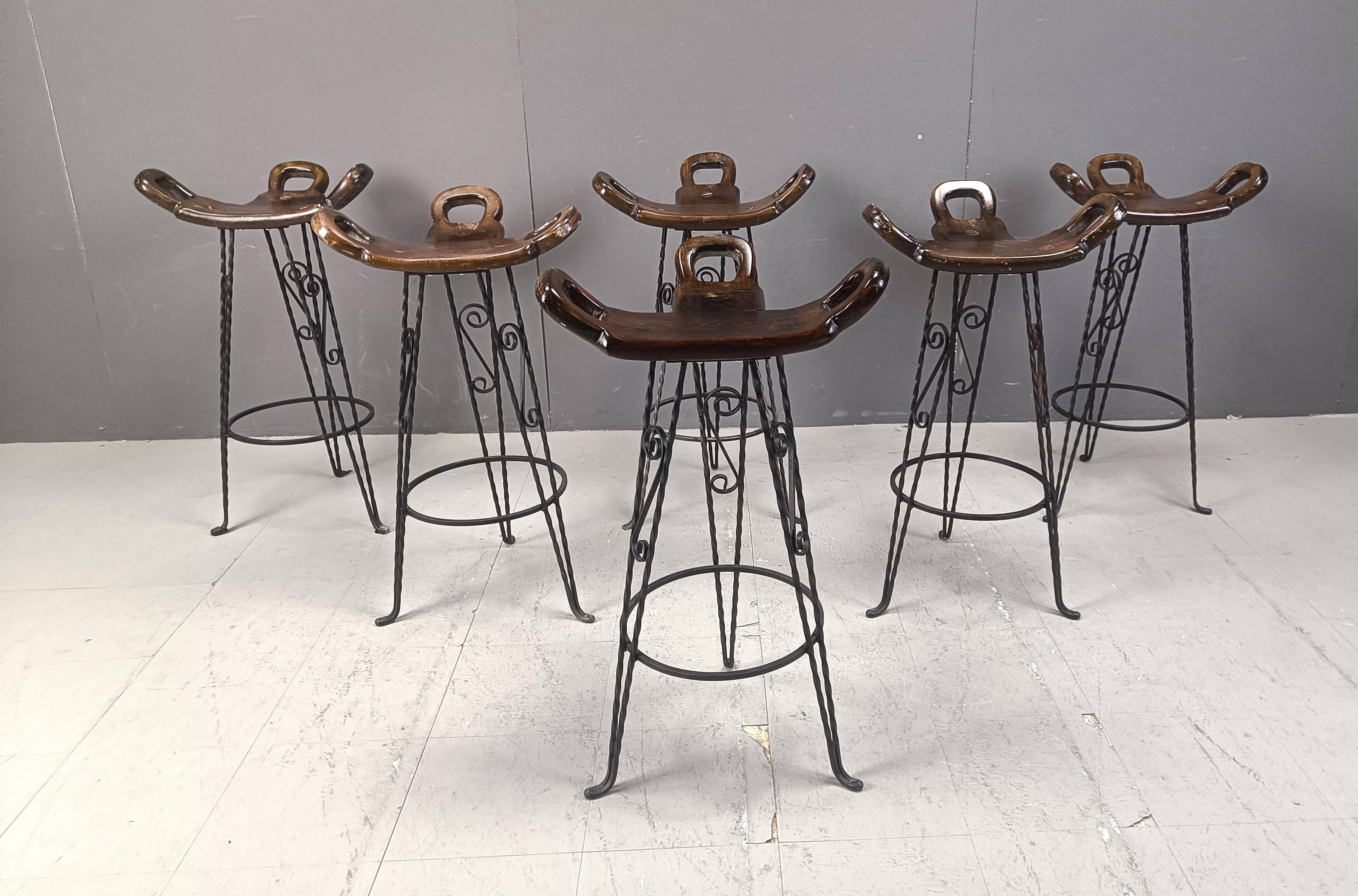 Vintage spanish wrought iron bar stools, 1960s - set of 6
