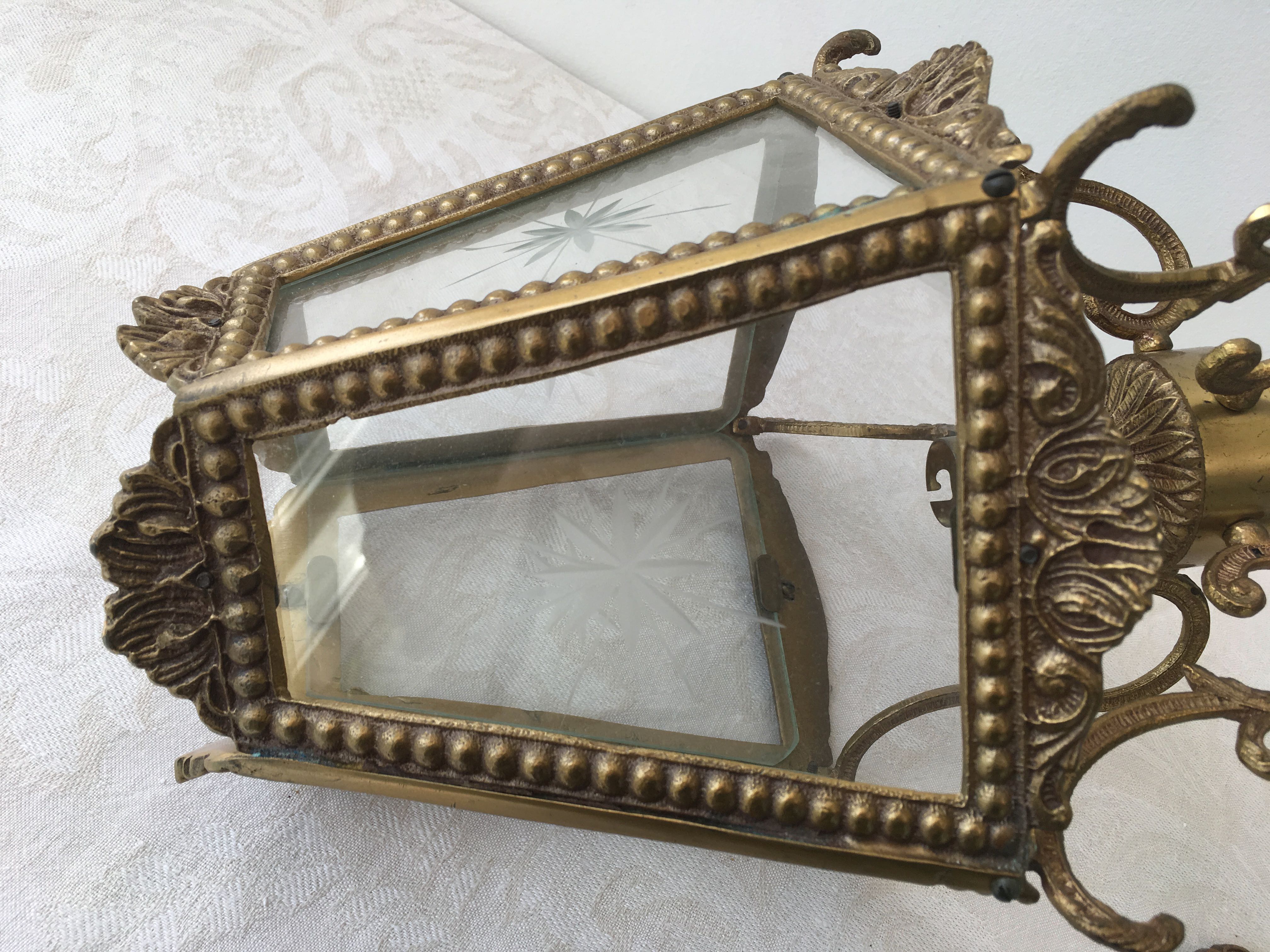 Hanging brass lantern and engraved glass