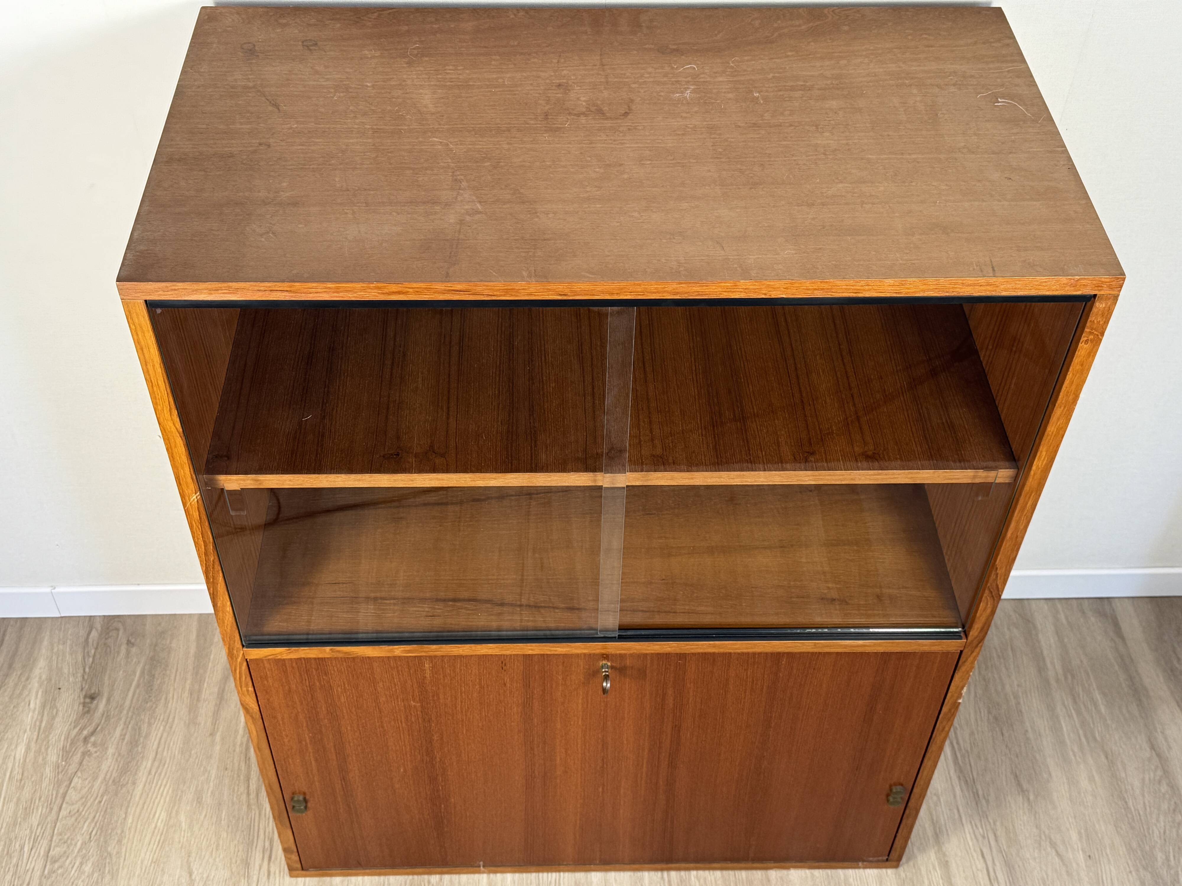 Teak furniture — sliding display cabinet + drop-down door