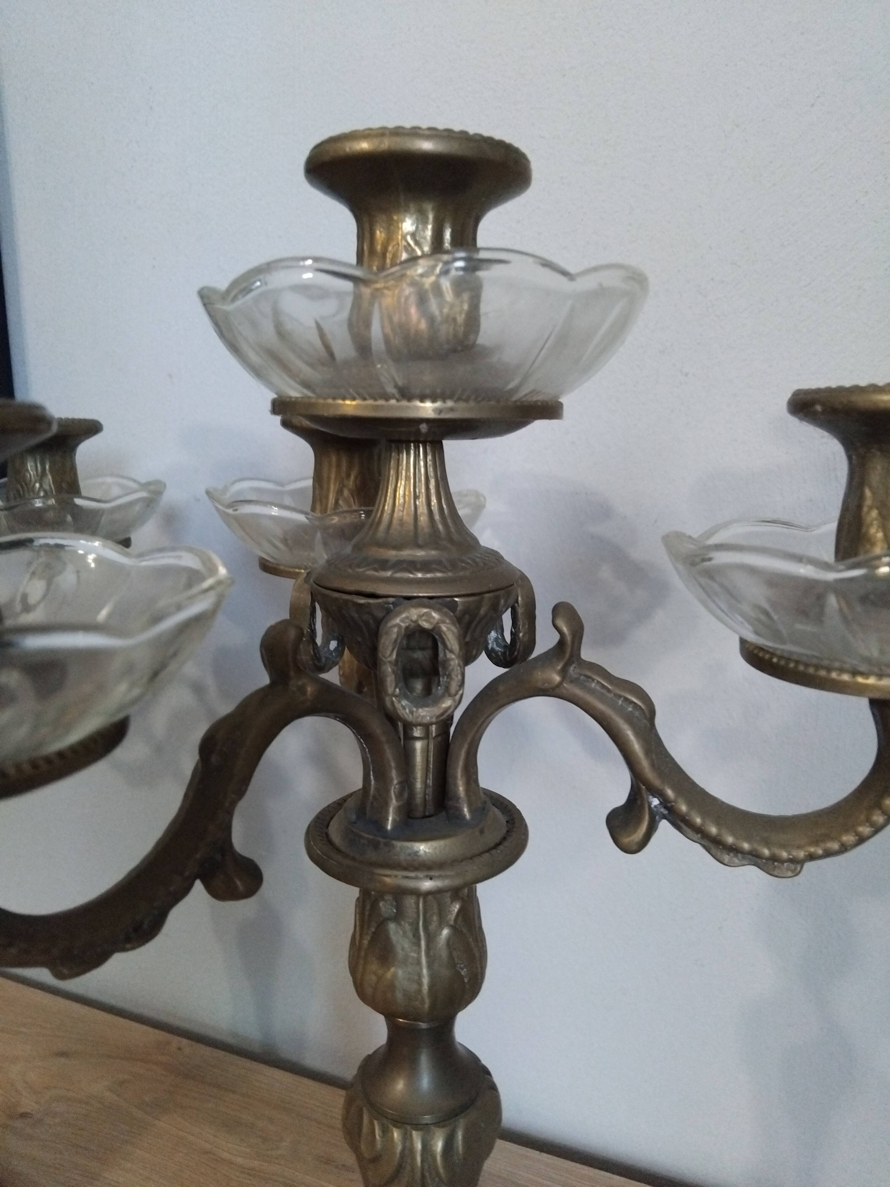 Pair of candelabra candle holders in bronze and glass louis xvi