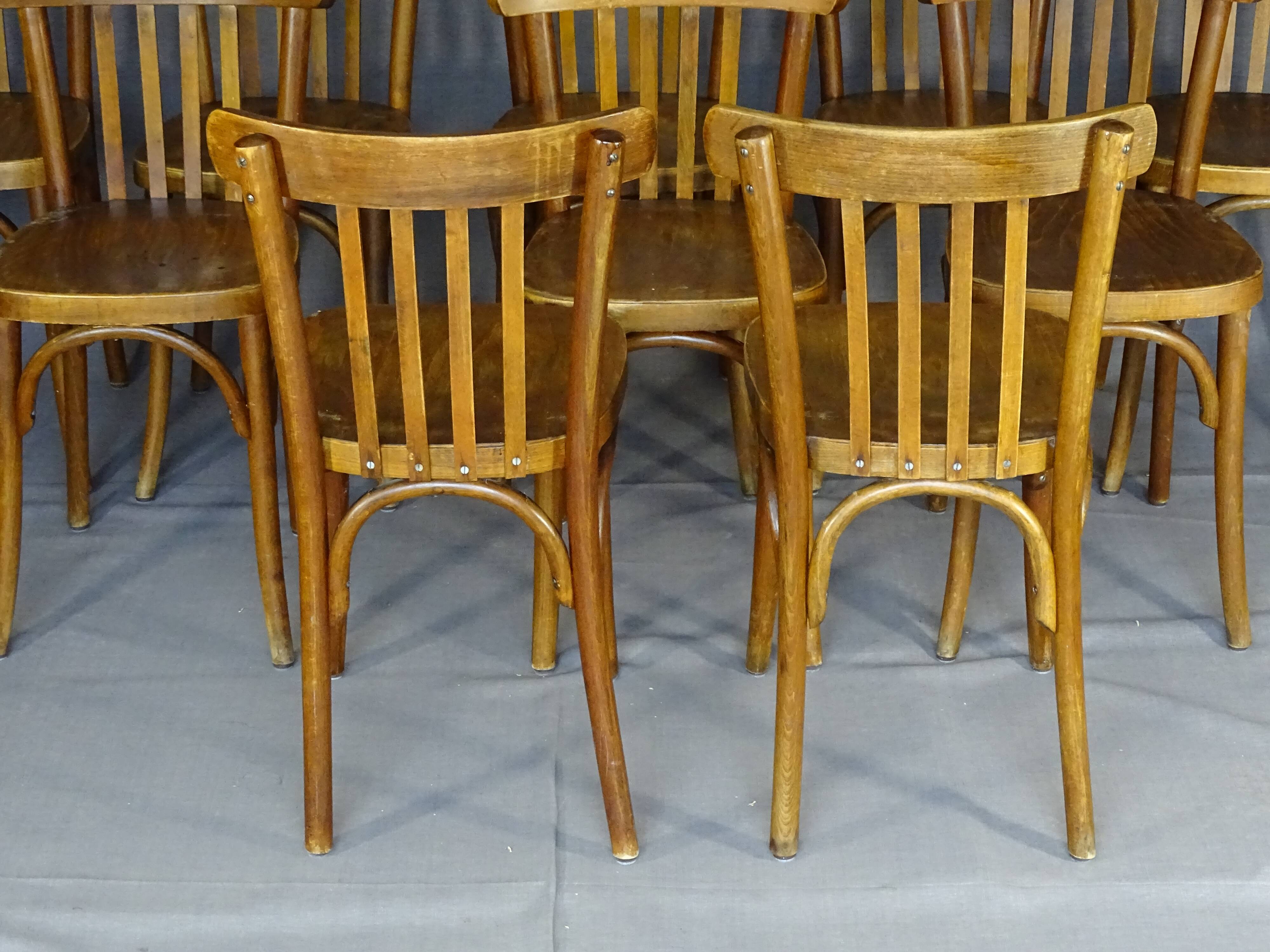 Set of 10 1960s curved wood bistro chairs ready for service