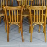 Set of 10 1960s curved wood bistro chairs ready for service