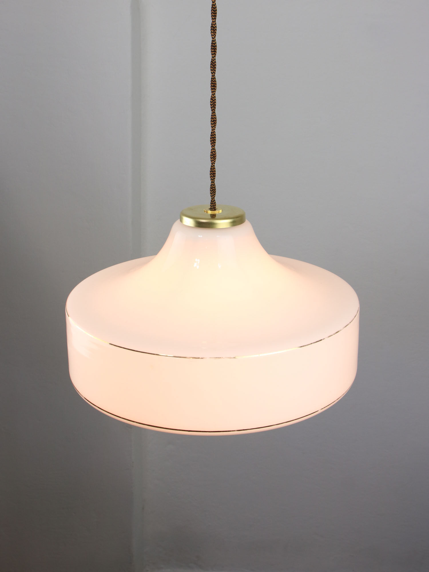 Mid-century Italian White Glass and Brass Pendant Lamp