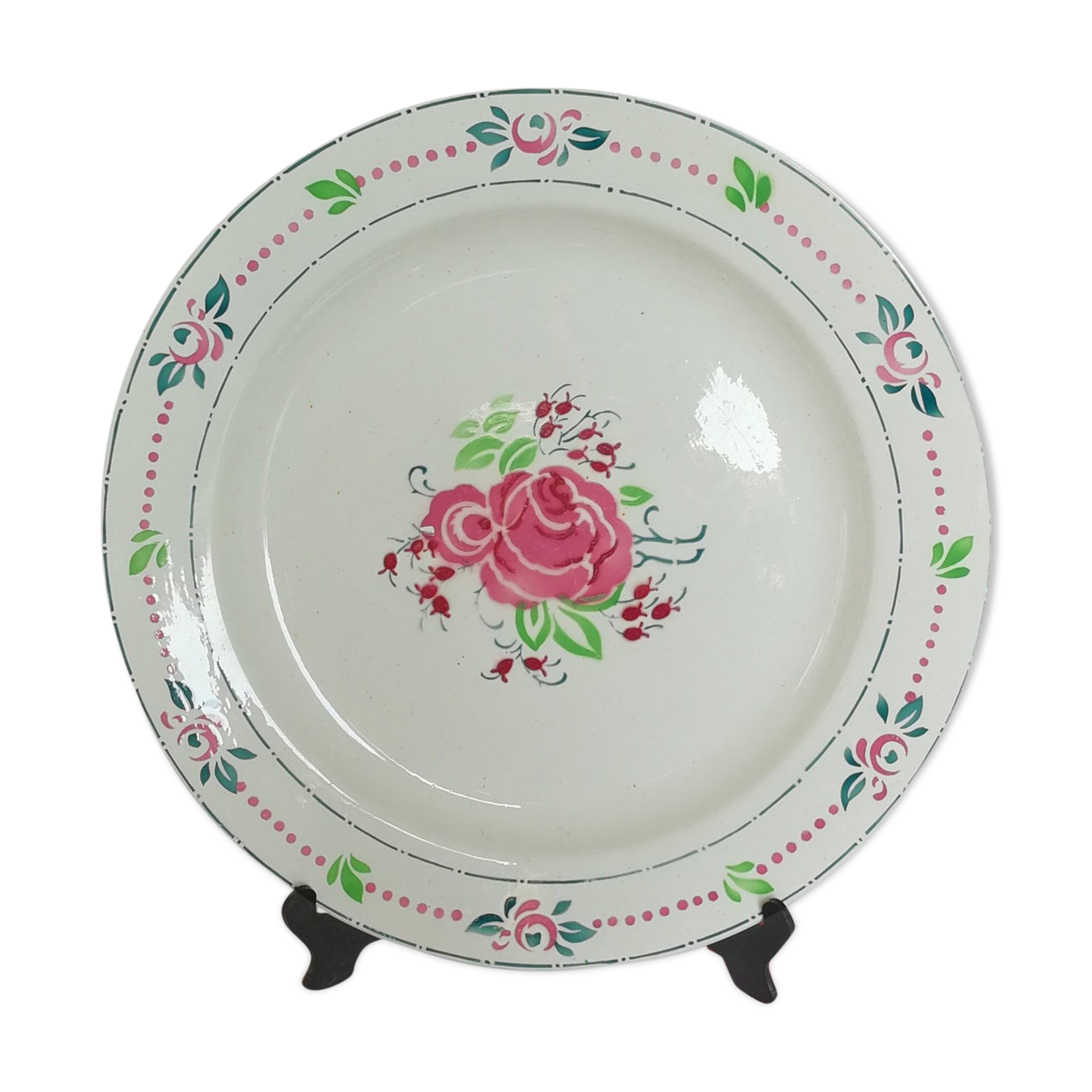Big dish Boch Brothers fausta ancient rose flowers green stencil