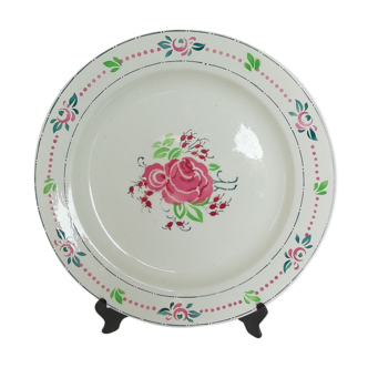 Plat Boch Frères Fausta ancien rose fleurs vert au pochoir