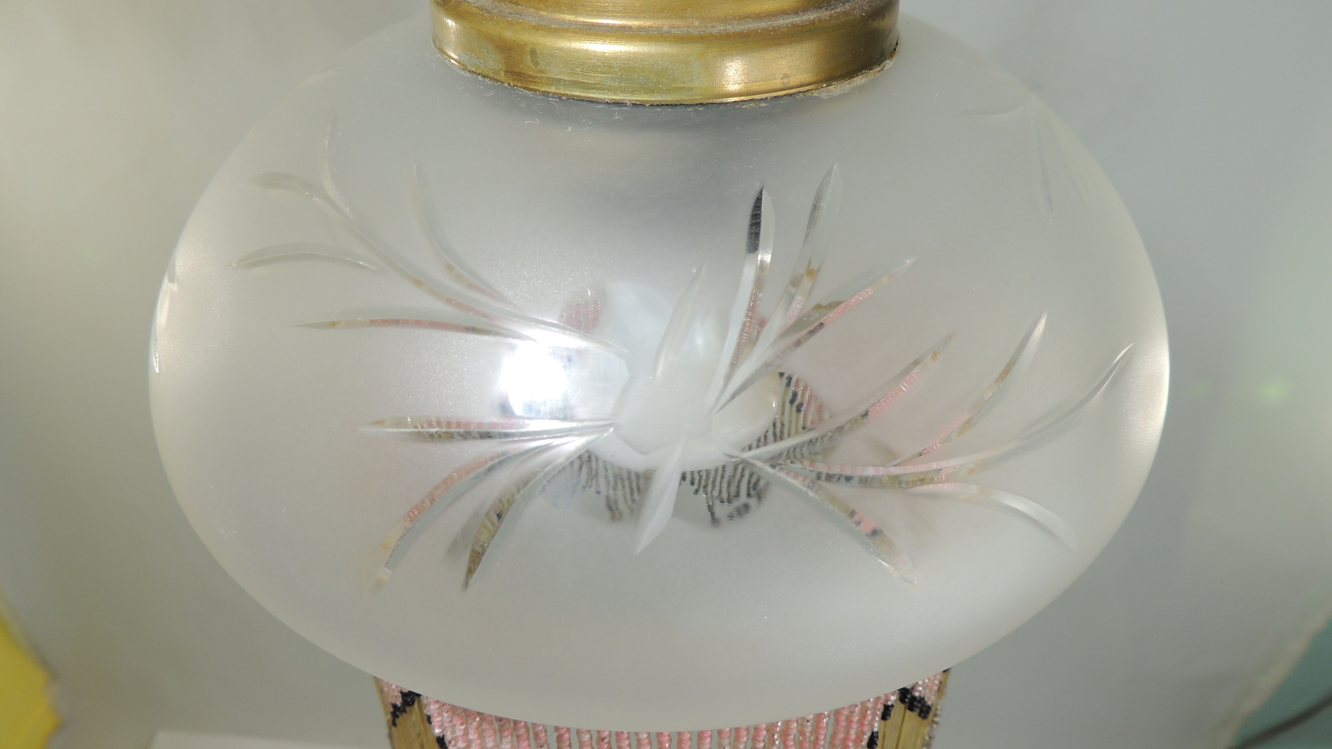 Charleston pendant lamp / engraved and frosted glass and glass bead fringe / vintage
