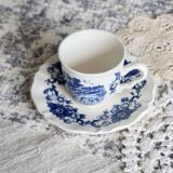 Vintage Sarreguemines cup & saucer – White earthenware with blue floral decoration