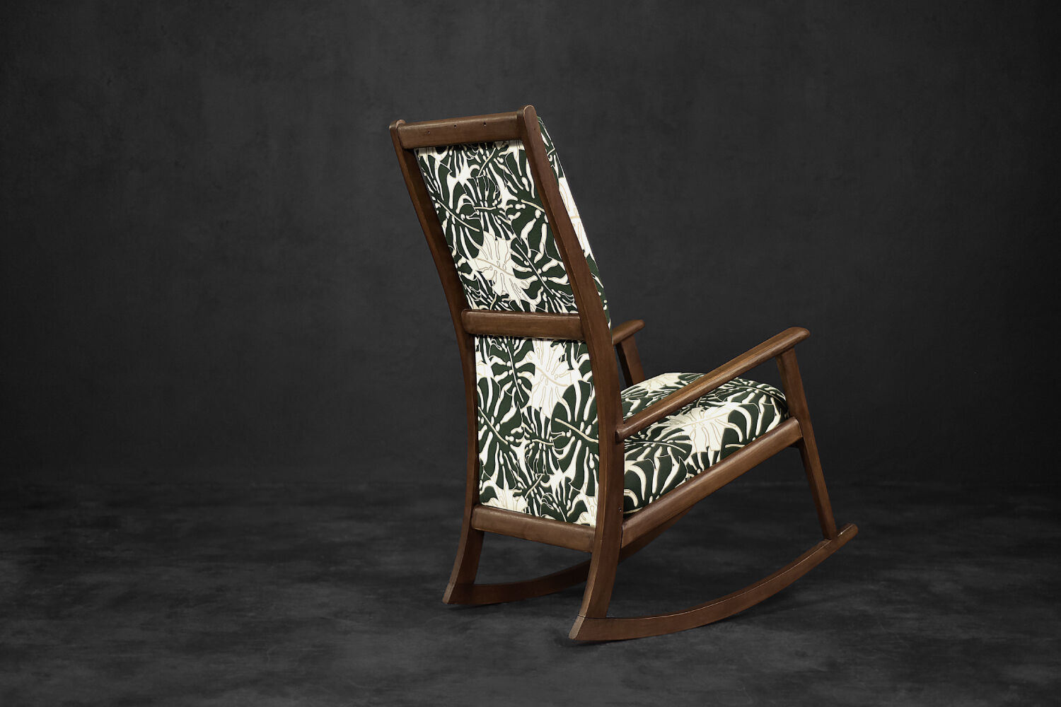Vintage Mid-Century Danish Modern Rocking Chair in Wood and Monstera Leaf Pattern Fabric, 1960s