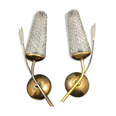Pair of vintage wall lamps year 60/70 in glass & gold metal