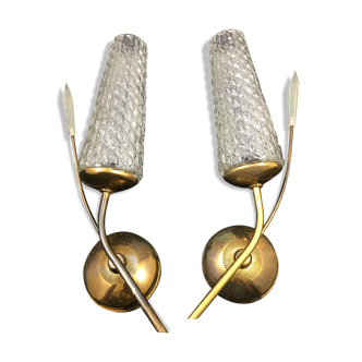 Pair of vintage wall lamps year 60/70 in glass & gold metal