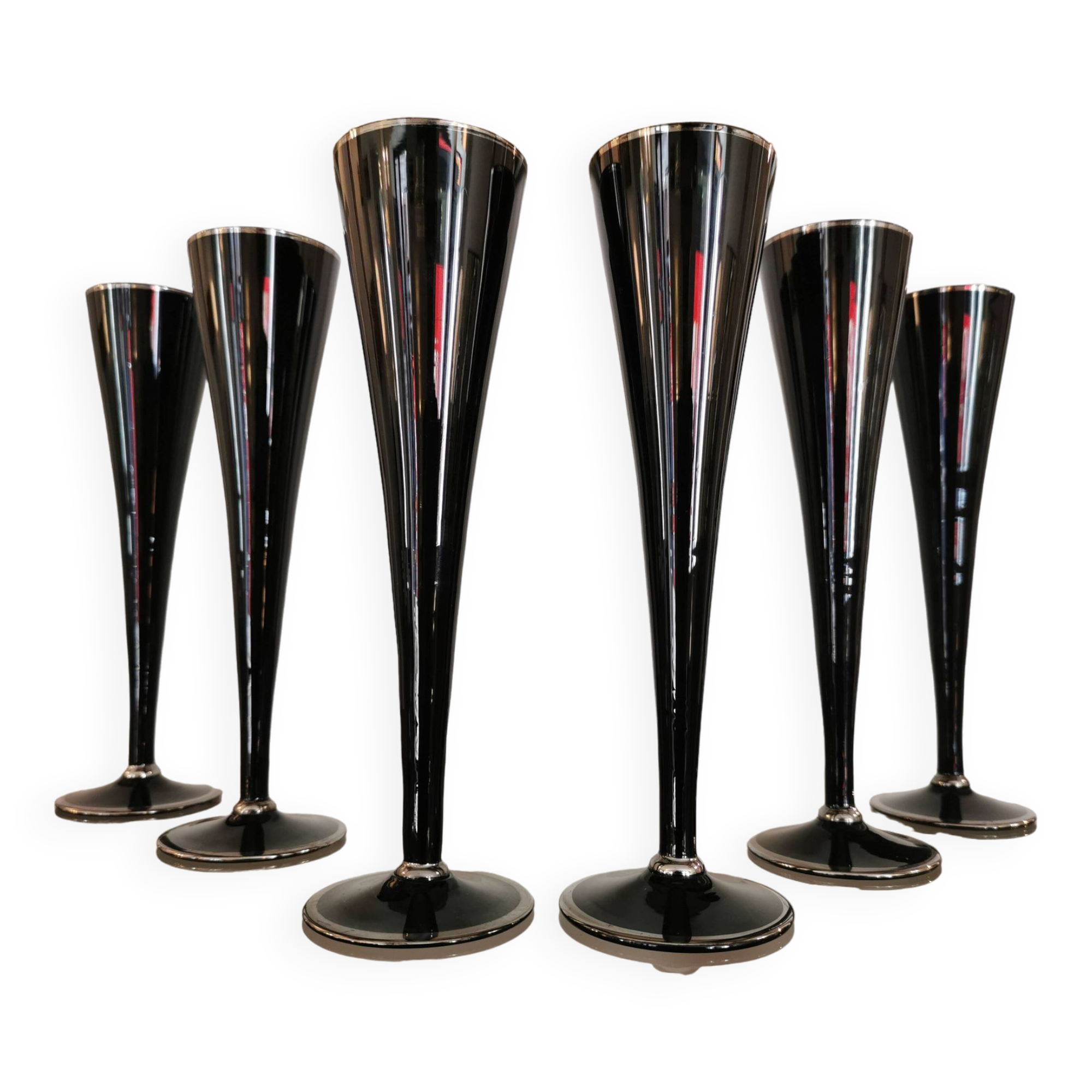 Service de 6 grandes flûtes vintage signées noires et argent