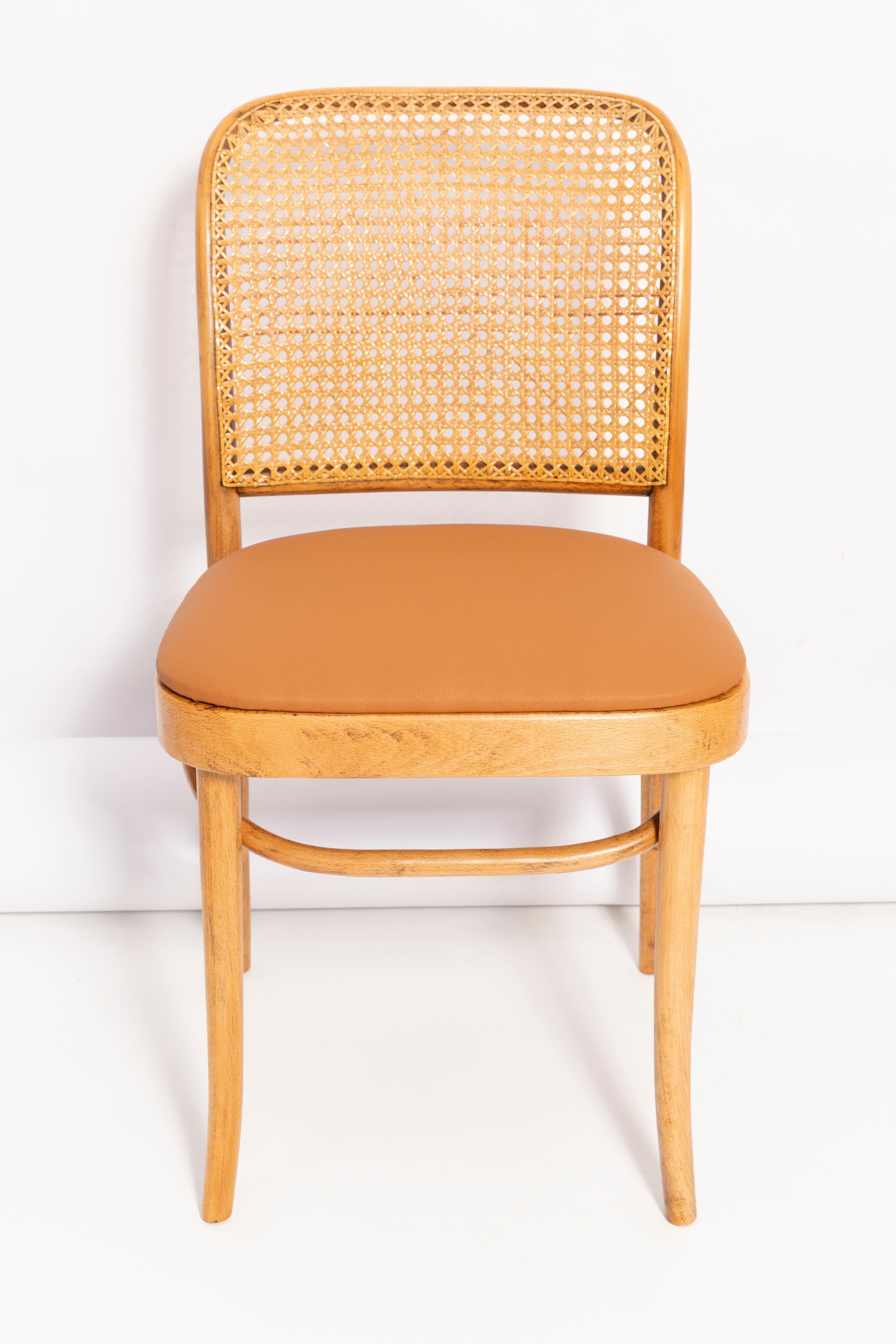 Thonet chair in rattan, camel faux leather and wood - 1960s